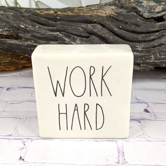 Rae Dunn WORK HARD / BE BRAVE Double-Sided Ceramic Plaque Desk Paperweight - Picture 2 of 7